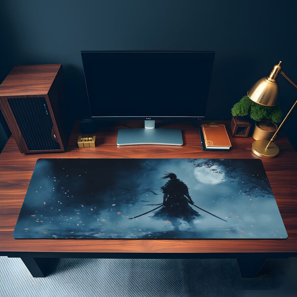 Samurai Warrior Ink Art Desk Mat | Large Anime Japanese Mouse Pad - Cinematic Blue Moonlight |