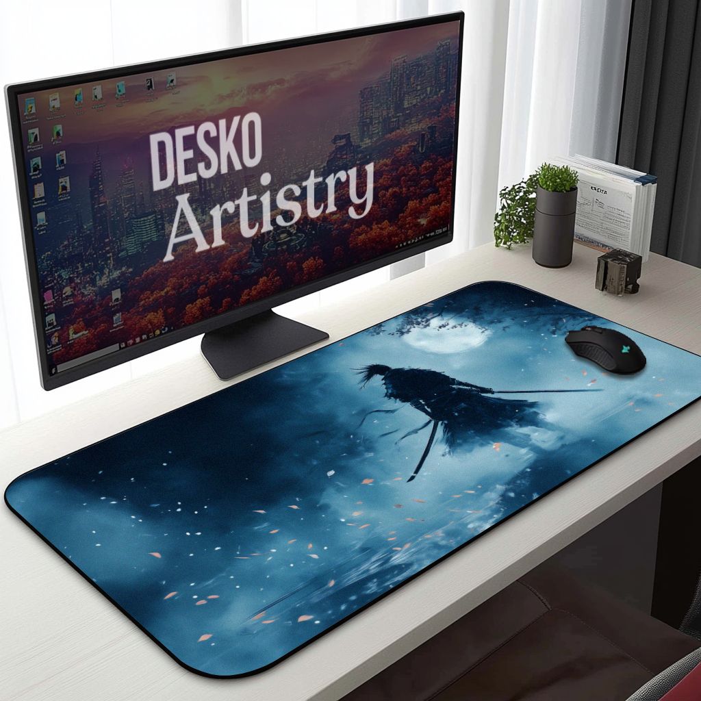 Samurai Warrior Ink Art Desk Mat | Large Anime Japanese Mouse Pad - Cinematic Blue Moonlight |