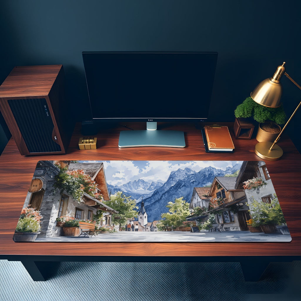 Aesthetic European Town Street Desk Mat | Watercolor Style Alpine Landscape Mouse Pad