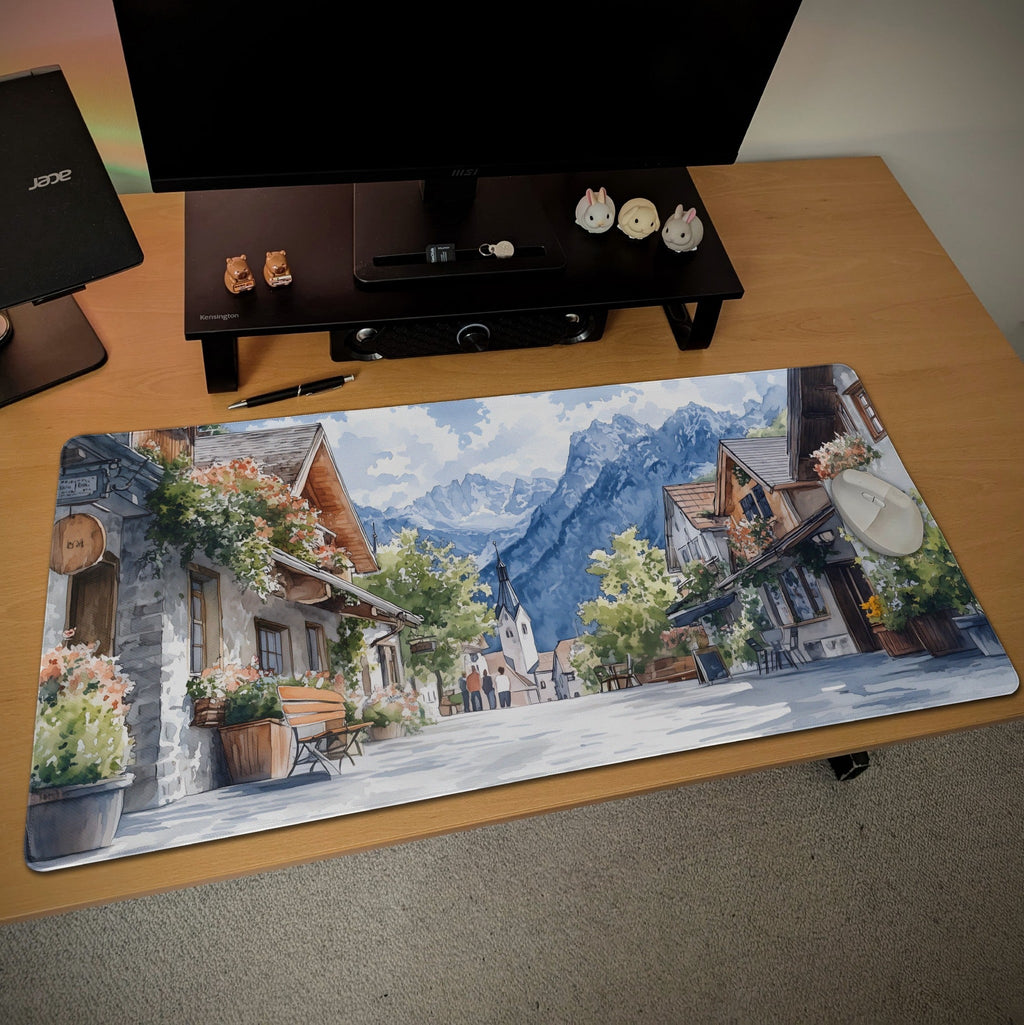 Aesthetic European Town Street Desk Mat | Watercolor Style Alpine Landscape Mouse Pad