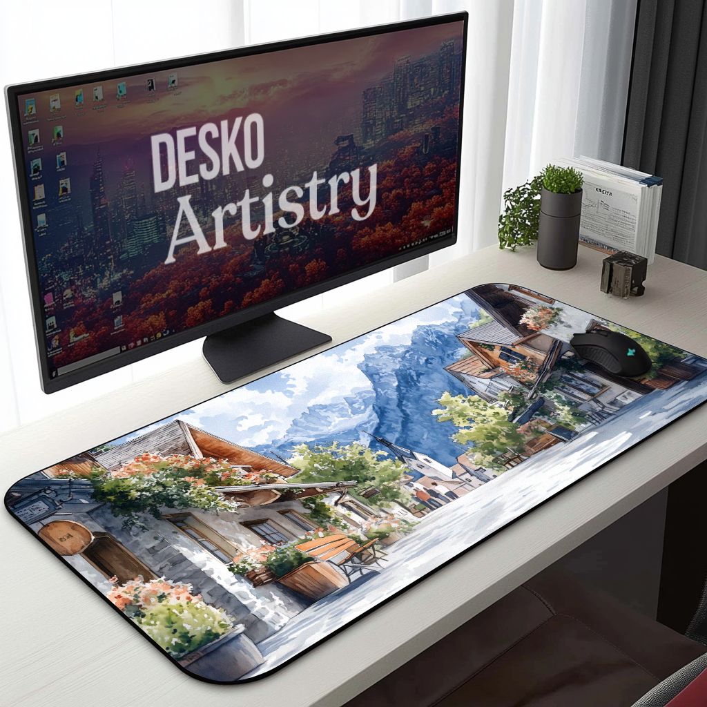 Aesthetic European Town Street Desk Mat | Watercolor Style Alpine Landscape Mouse Pad