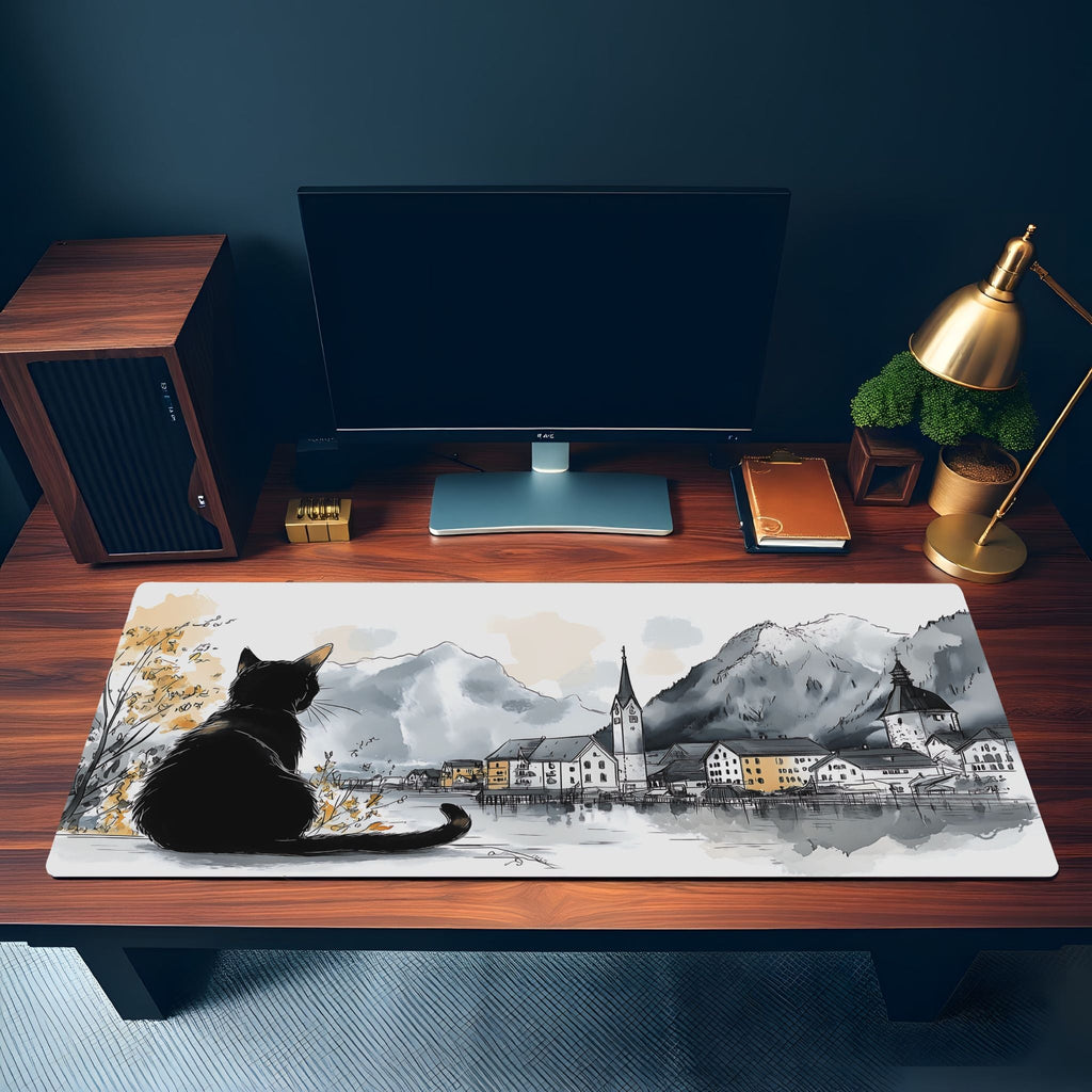 Hallstatt Ink Sketch Style Desk Mat | Tranquil European Landscape | Nostalgic Small Town Black Cat