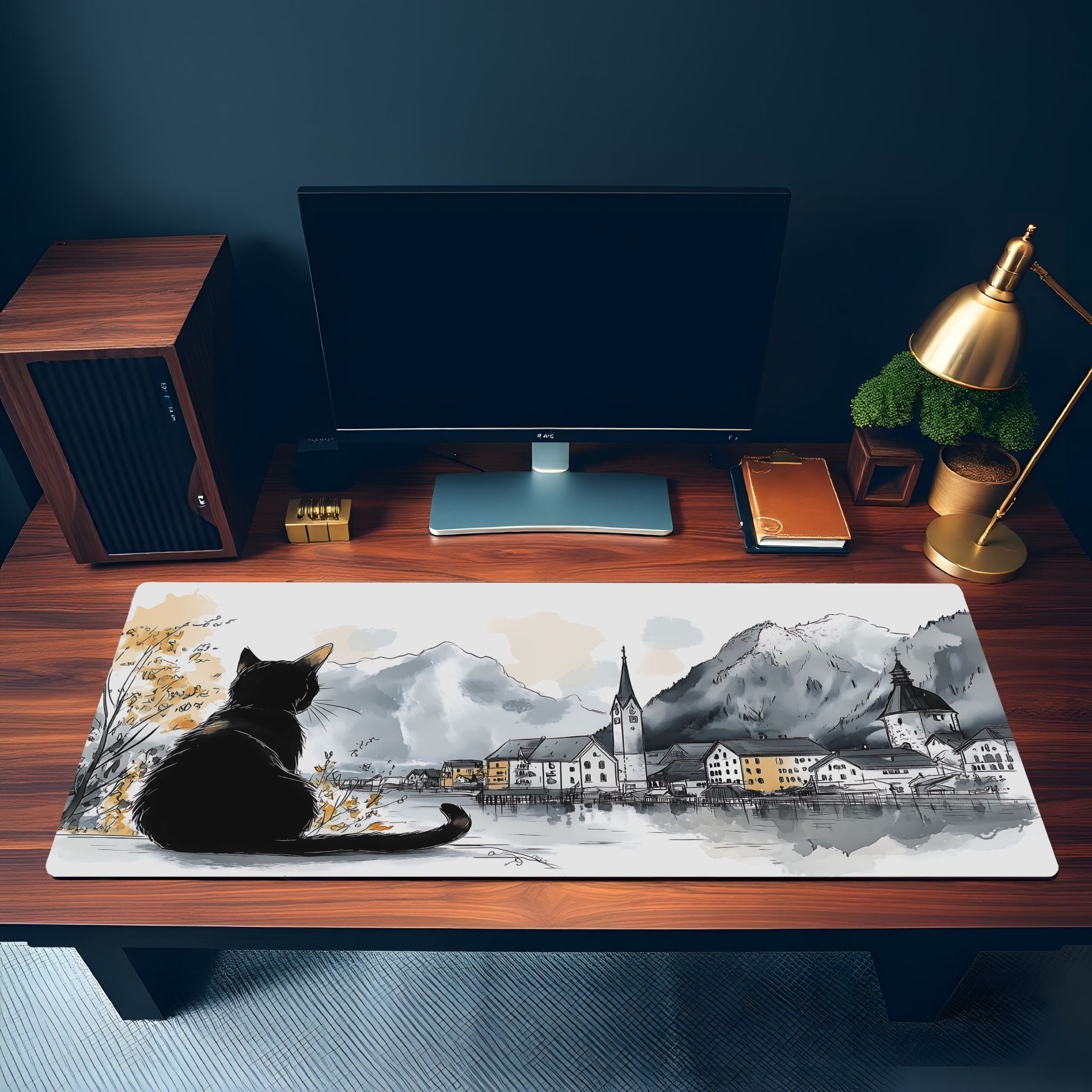 Hallstatt Ink Sketch Style Desk Mat | Tranquil European Landscape | Nostalgic Small Town Black Cat