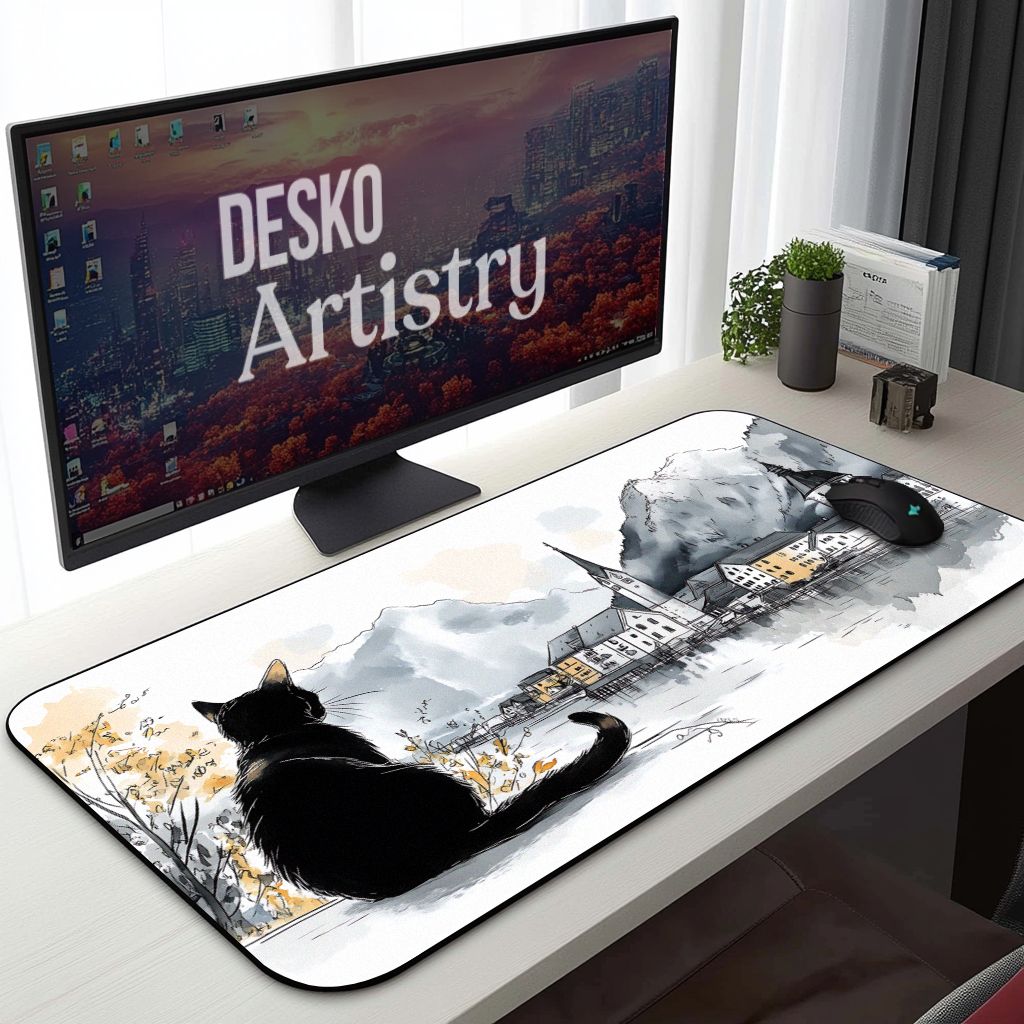 Hallstatt Ink Sketch Style Desk Mat | Tranquil European Landscape | Nostalgic Small Town Black Cat