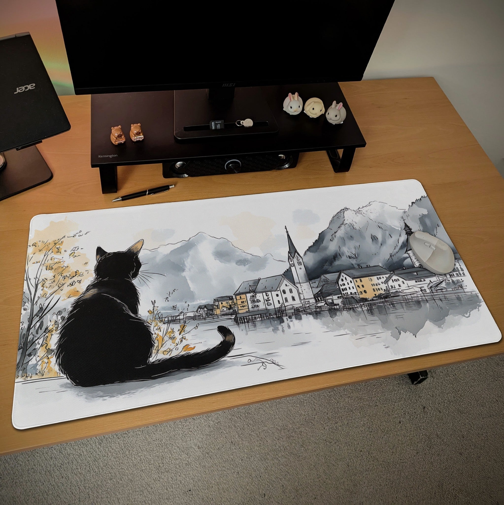 Hallstatt Ink Sketch Style Desk Mat | Tranquil European Landscape | Nostalgic Small Town Black Cat