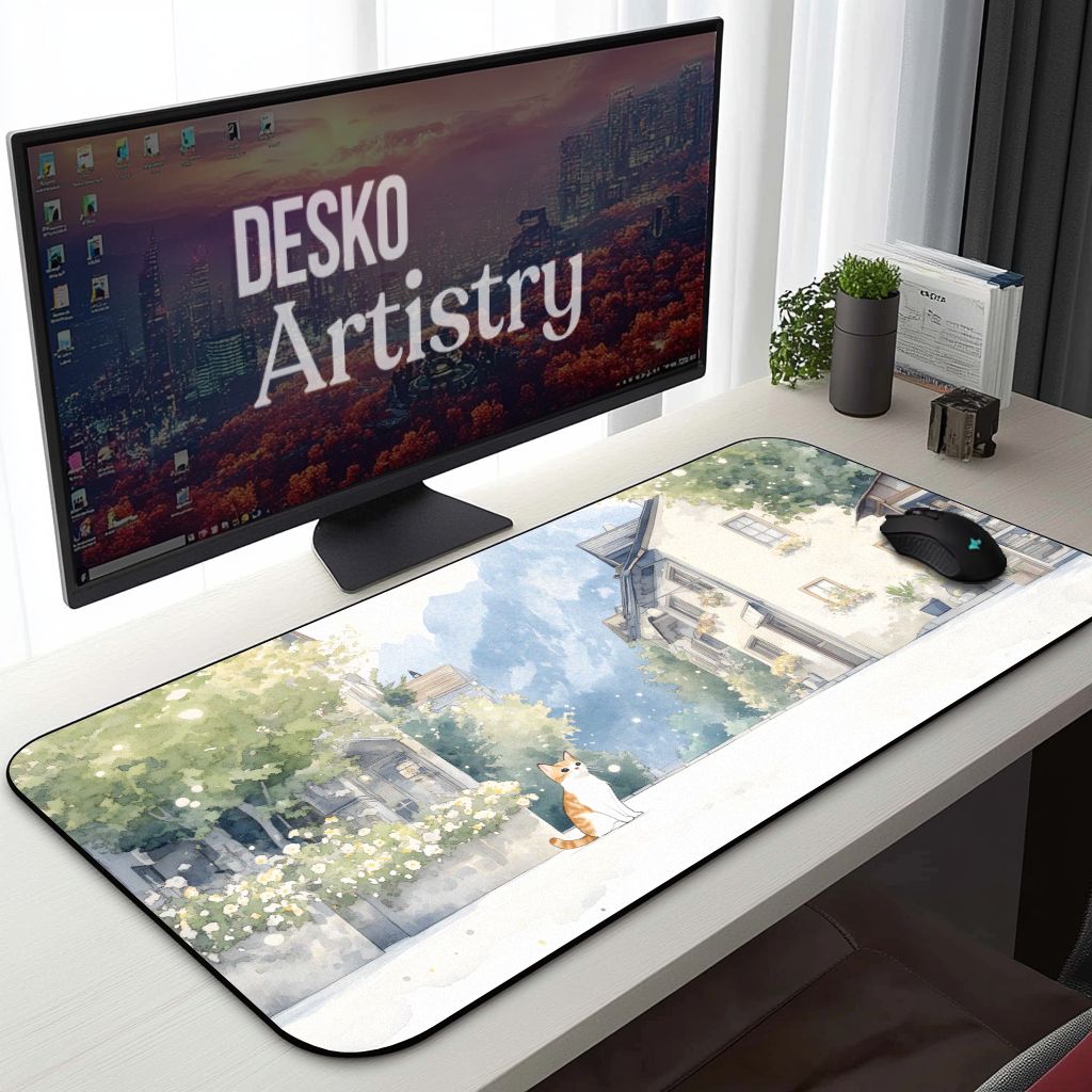 Watercolor Style European Desk Mat | Hallstatt Inspired Art with Calico Cat | Village Street Design Mouse Pad