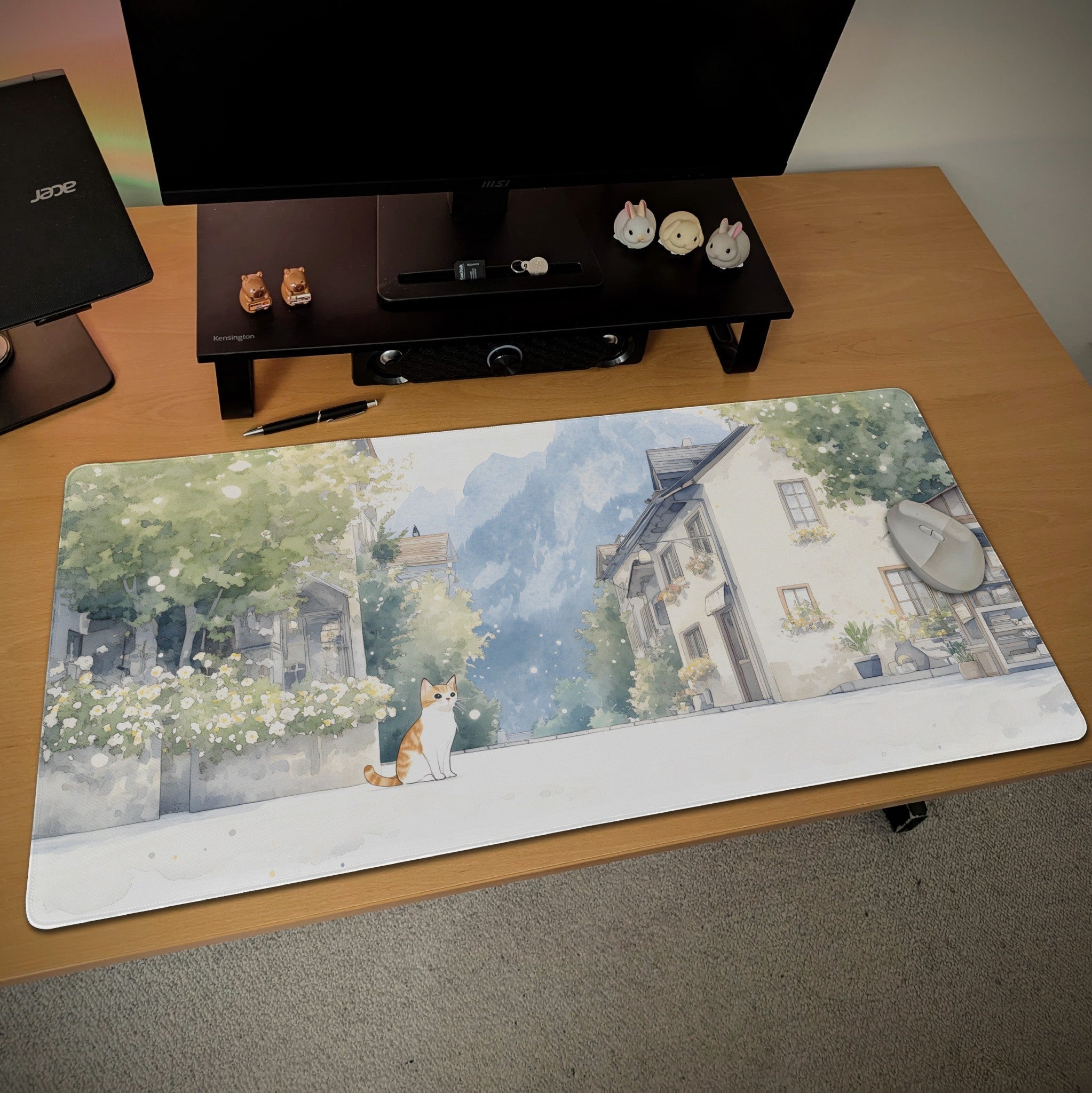 Watercolor Style European Desk Mat | Hallstatt Inspired Art with Calico Cat | Village Street Design Mouse Pad