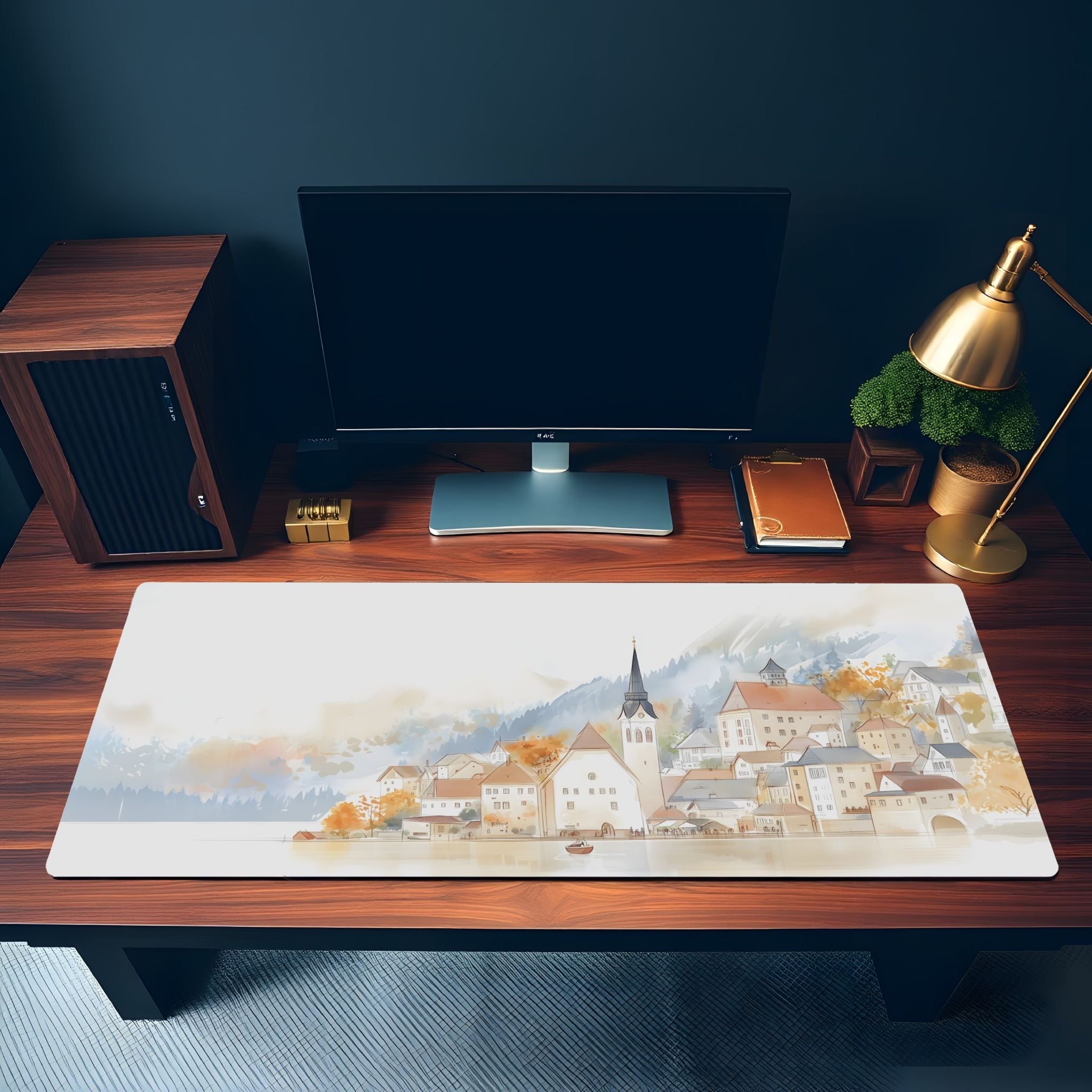 Hallstatt Lakeside Town Desk Mat | Watercolor Line Art | Artistic, Nostalgic European Landscape Mouse Pad