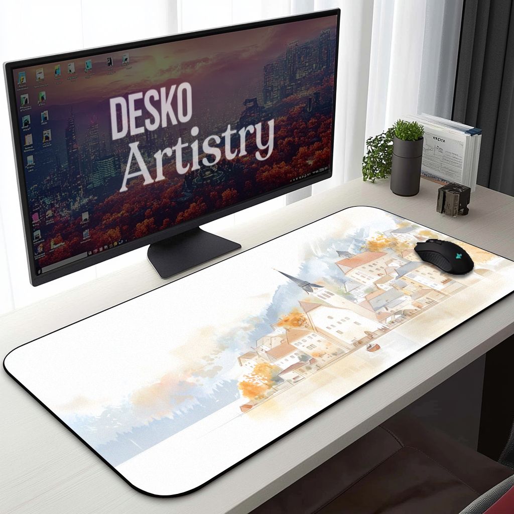 Hallstatt Lakeside Town Desk Mat | Watercolor Line Art | Artistic, Nostalgic European Landscape Mouse Pad