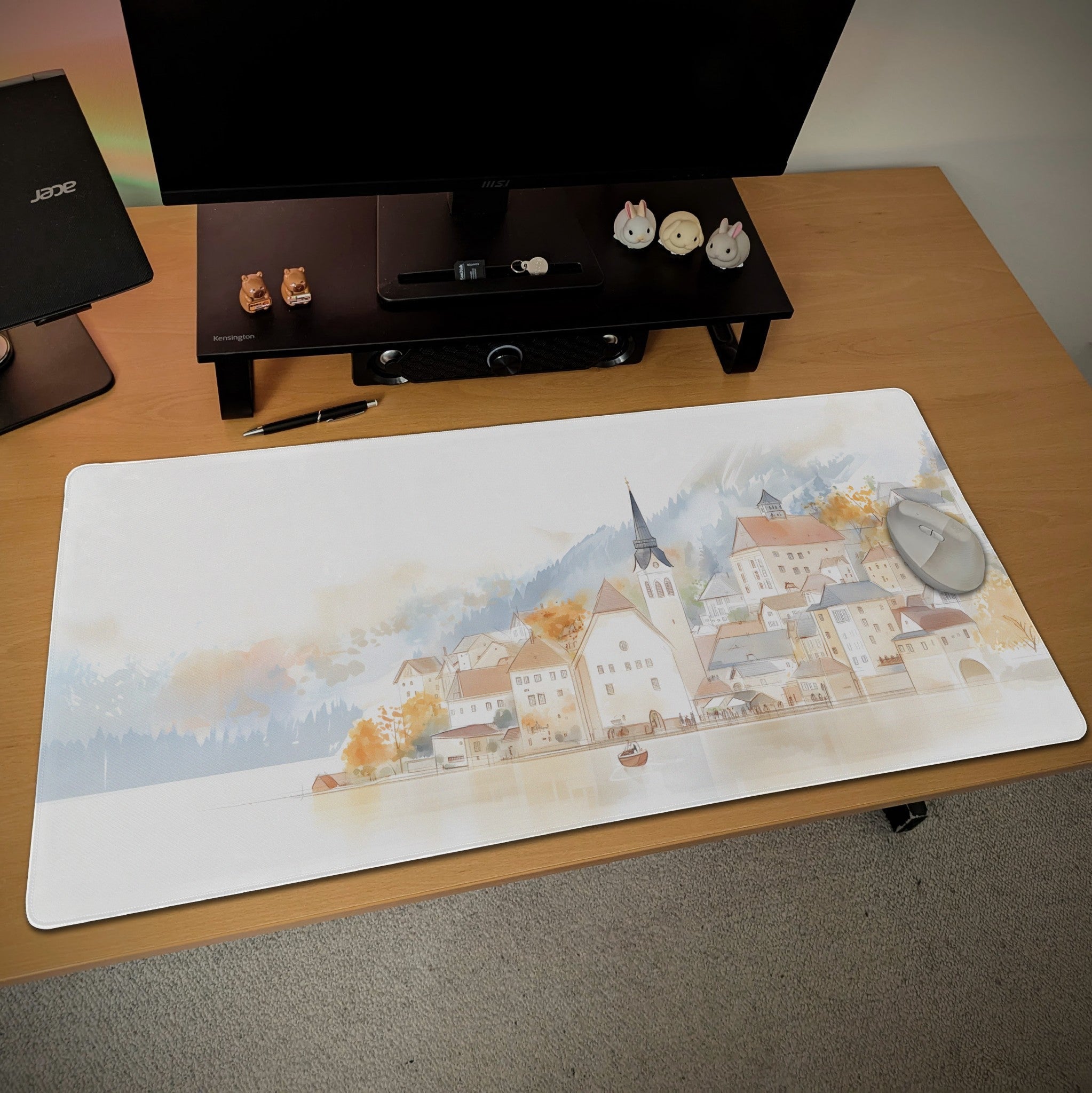 Hallstatt Lakeside Town Desk Mat | Watercolor Line Art | Artistic, Nostalgic European Landscape Mouse Pad