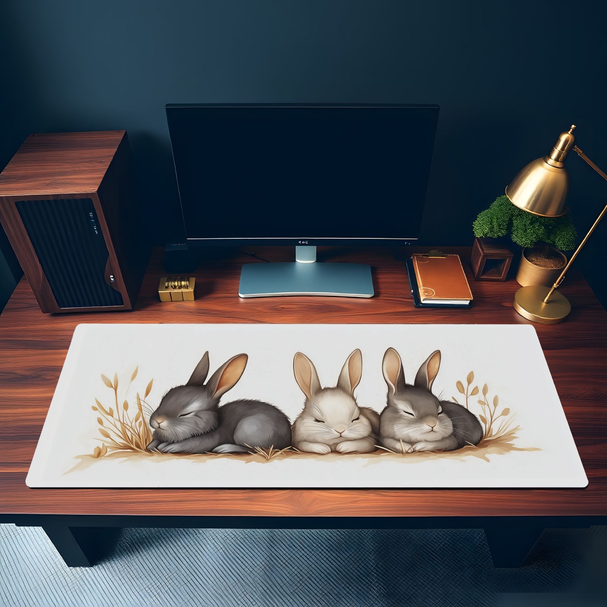 Sleeping Bunny Desk Mat | Mouse Pad with Storybook style Illustration, Pastel Aesthetic for Kawaii Desk Setup, Cozy Cottage Core