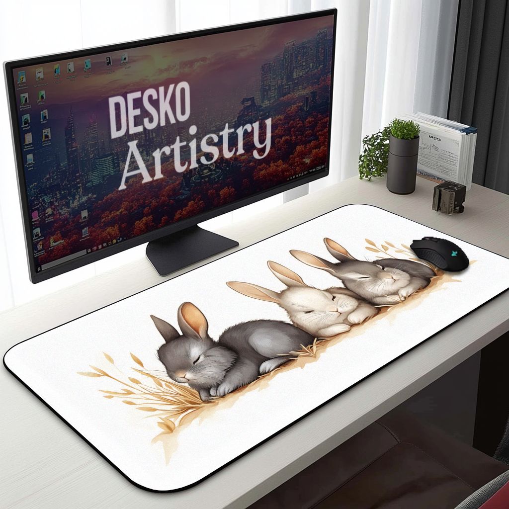 Sleeping Bunny Desk Mat | Mouse Pad with Storybook style Illustration, Pastel Aesthetic for Kawaii Desk Setup, Cozy Cottage Core