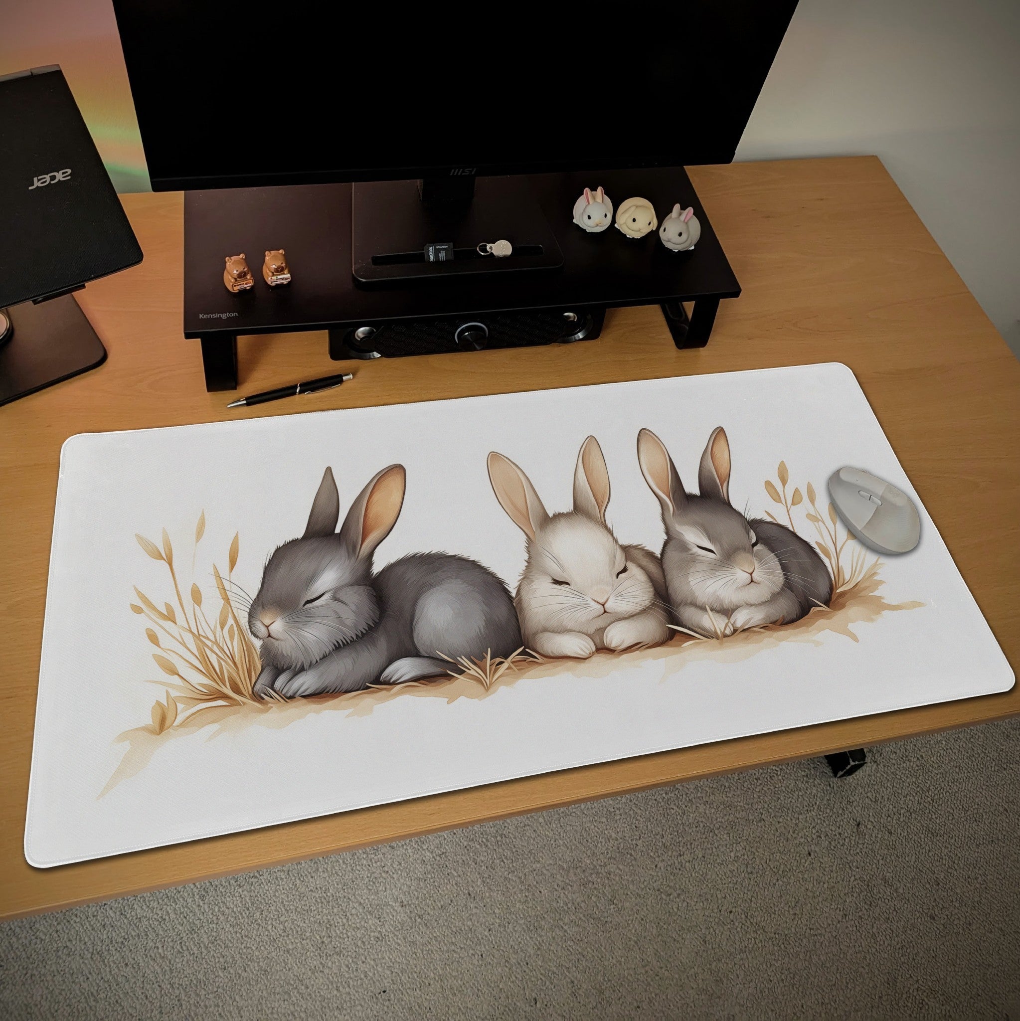 Sleeping Bunny Desk Mat | Mouse Pad with Storybook style Illustration, Pastel Aesthetic for Kawaii Desk Setup, Cozy Cottage Core