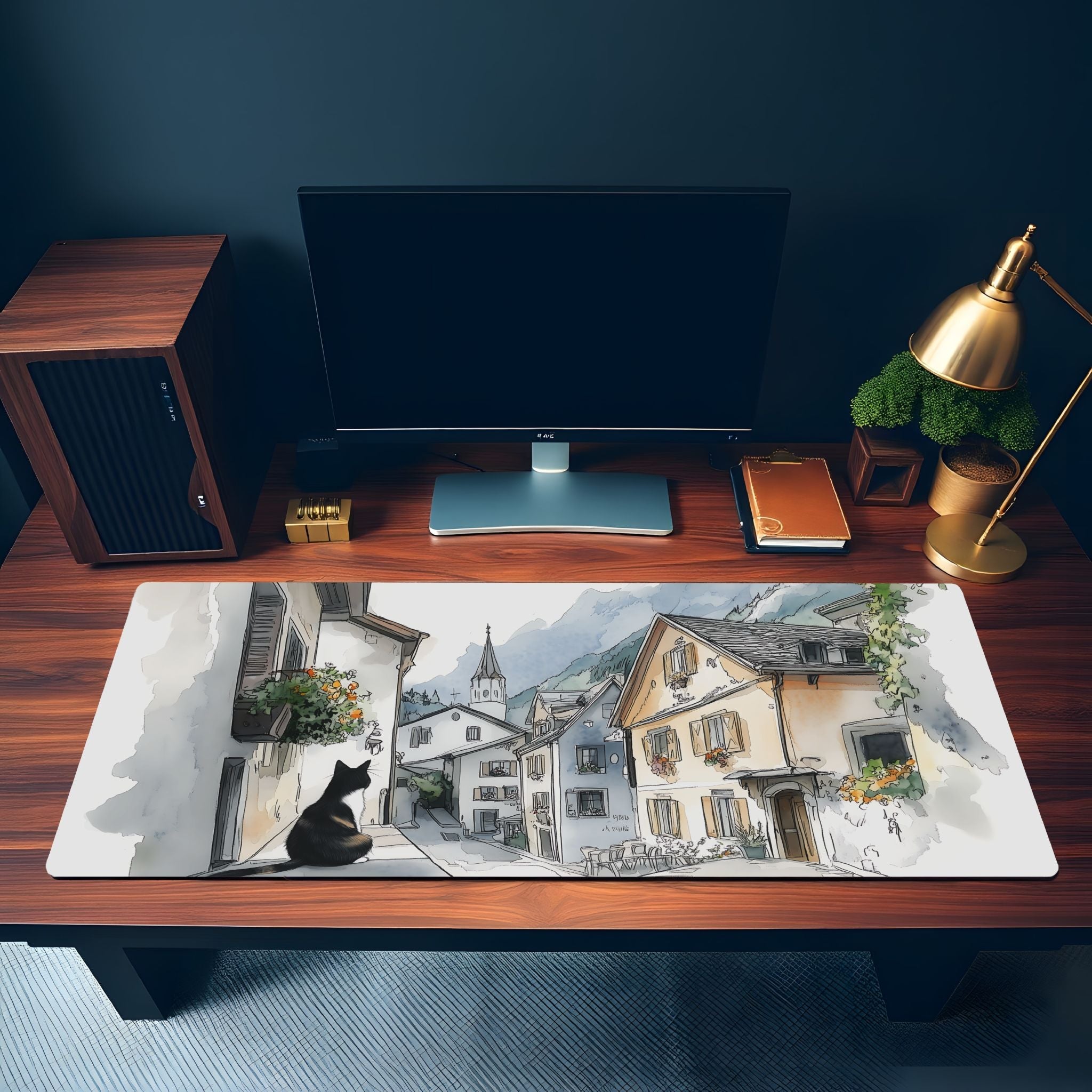 Sketchbook Hallstatt Cat Desk Mat | European Street Mouse Pad | Ink & Watercolor Art for Cat Lovers |