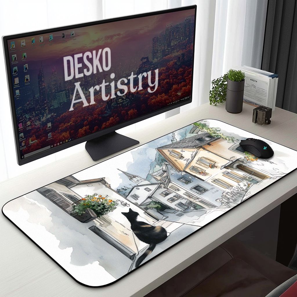 Sketchbook Hallstatt Cat Desk Mat | European Street Mouse Pad | Ink & Watercolor Art for Cat Lovers |