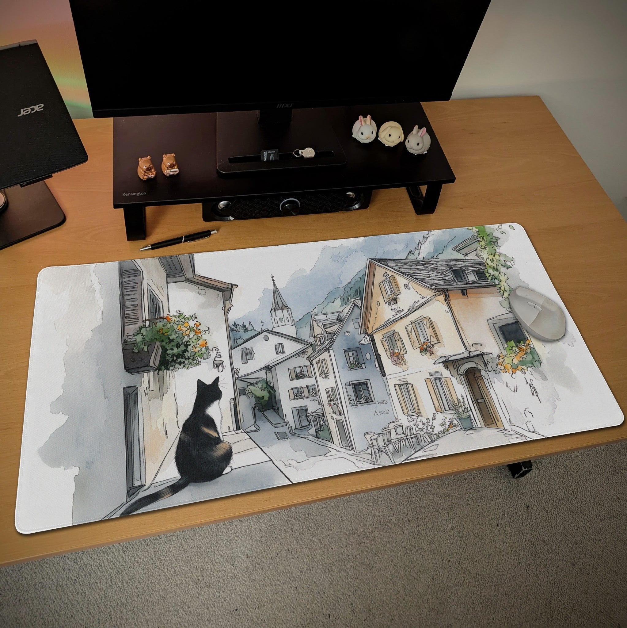 Sketchbook Hallstatt Cat Desk Mat | European Street Mouse Pad | Ink & Watercolor Art for Cat Lovers |