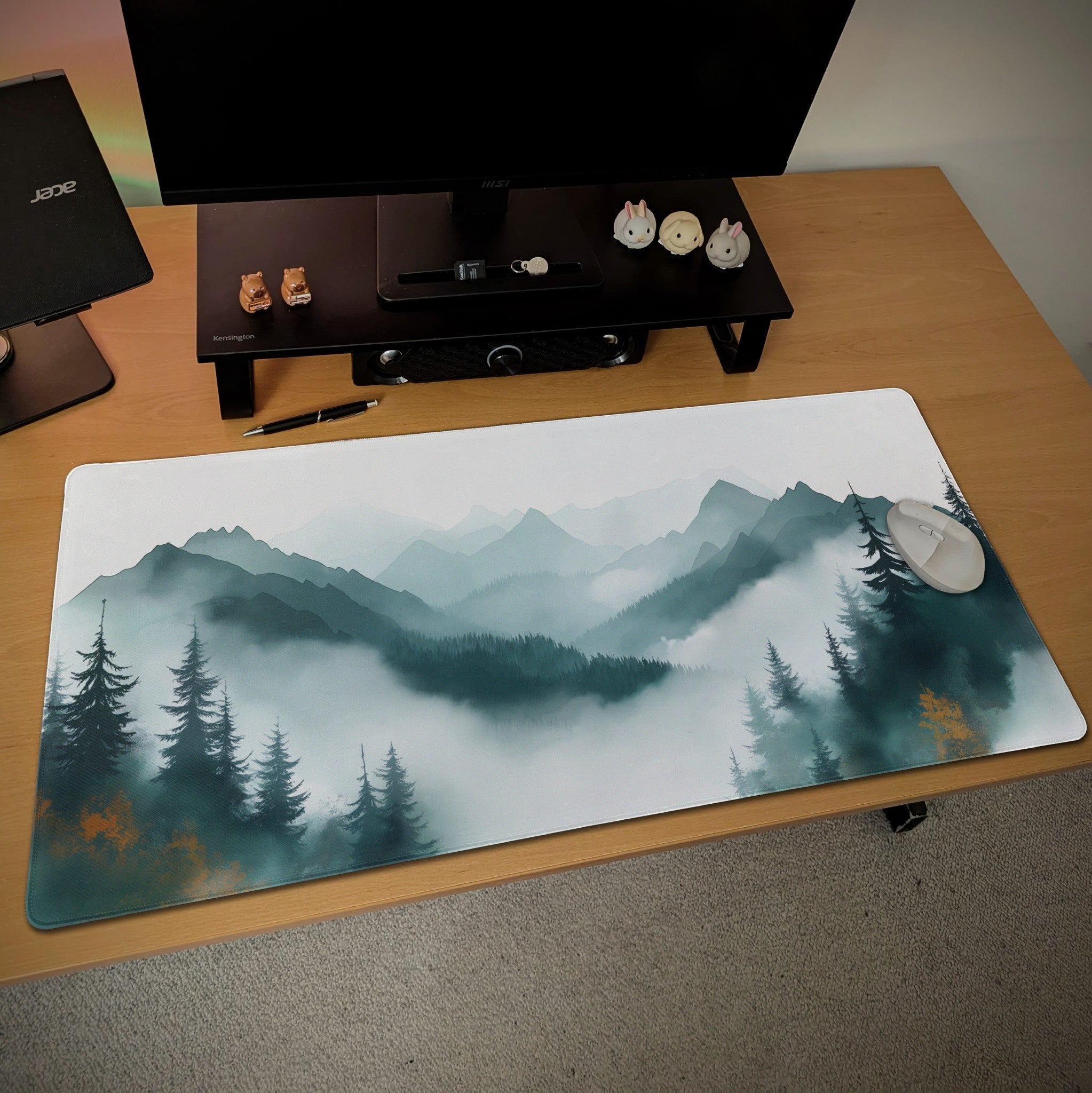 Misty Forest Desk Mat | Watercolor Style Green Teal Mountain | Nordic Scenic Nature Mouse Pad