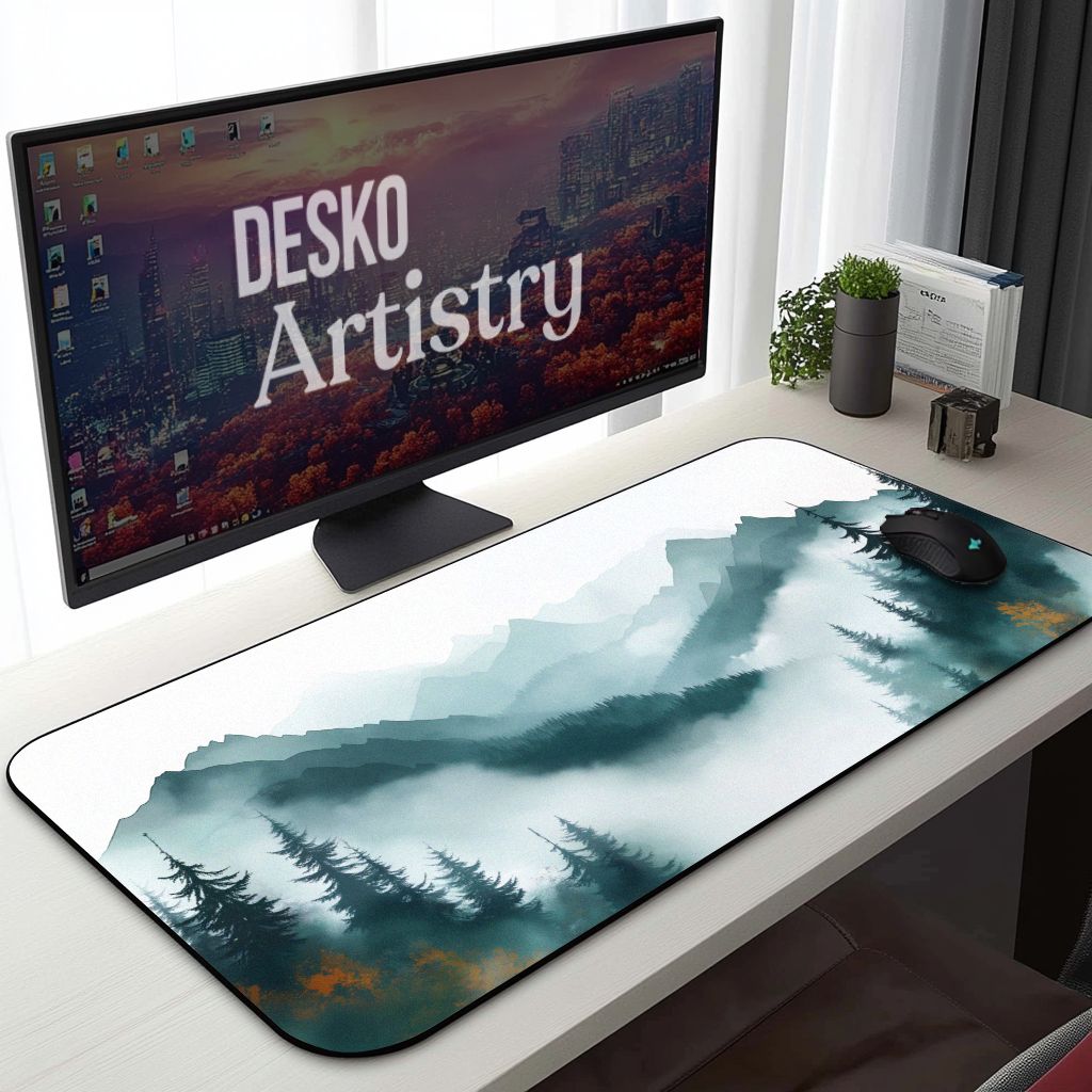 Misty Forest Desk Mat | Watercolor Style Green Teal Mountain | Nordic Scenic Nature Mouse Pad