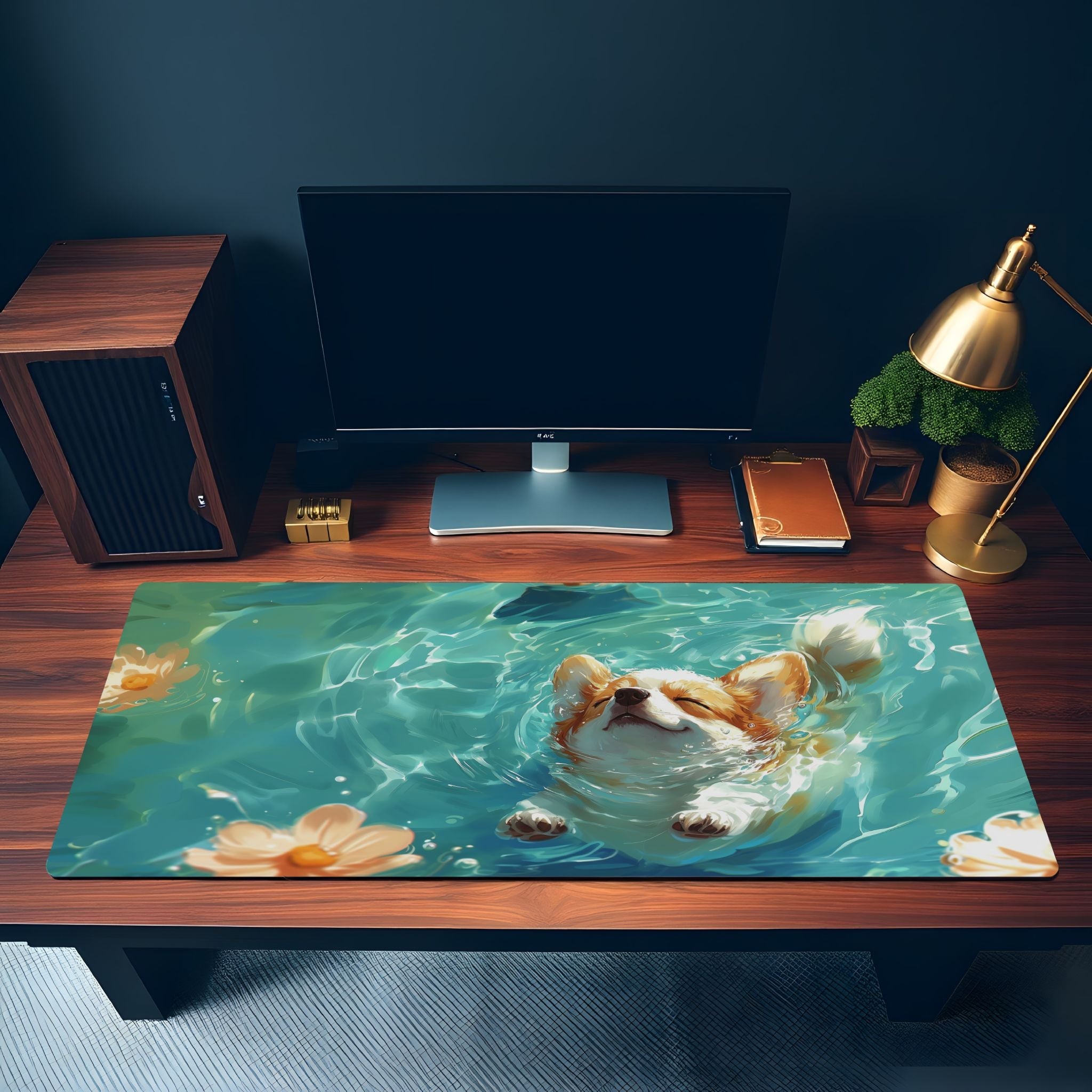 Happy Corgi Dog Desk Mat | Cute Aesthetic Mouse Pad, Watercolor Painting Style Desk Mat | Kawaii Dog Lover Desk Decor, Teal Color Mouse Pad