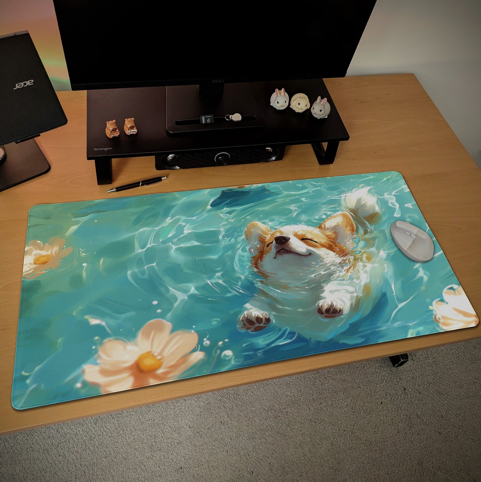 Happy Corgi Dog Desk Mat | Cute Aesthetic Mouse Pad, Watercolor Painting Style Desk Mat | Kawaii Dog Lover Desk Decor, Teal Color Mouse Pad