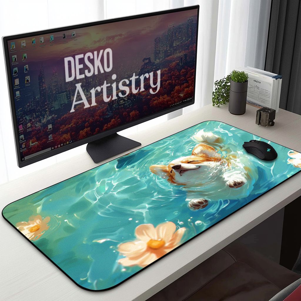 Happy Corgi Dog Desk Mat | Cute Aesthetic Mouse Pad, Watercolor Painting Style Desk Mat | Kawaii Dog Lover Desk Decor, Teal Color Mouse Pad