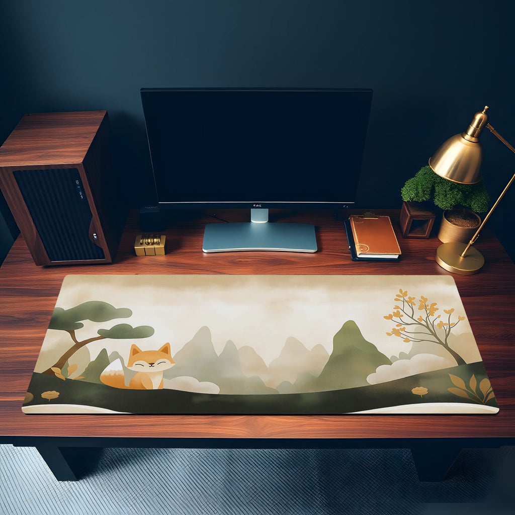Fox in the Mist Desk Mat | Retro Scrapbook Minimalist Mouse Pad