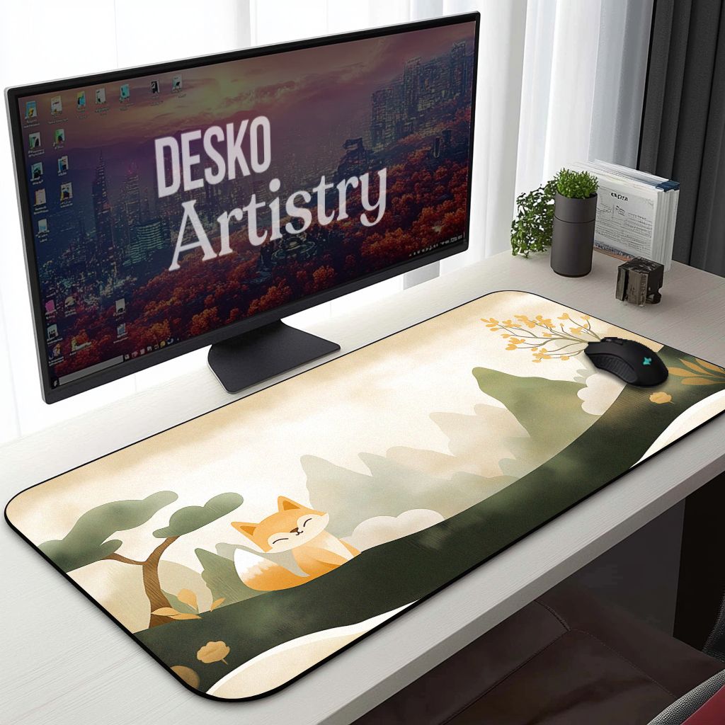 Fox in the Mist Desk Mat | Retro Scrapbook Minimalist Mouse Pad