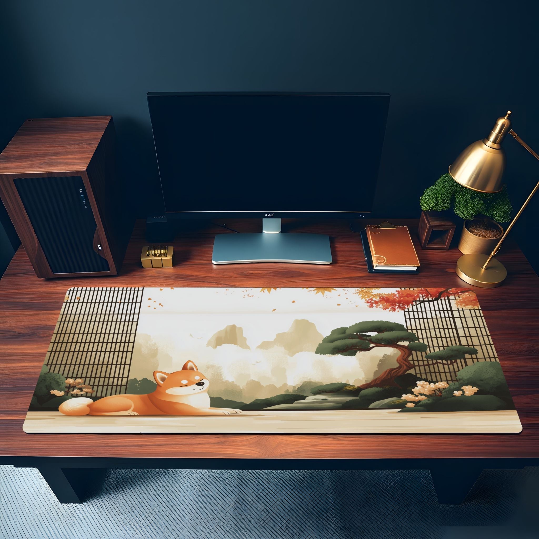Japanese Shiba Inu Desk Mat | Large Mouse Pad for Dog Lovers | Aesthetic Gaming Mousepad, Bonsai Zen, Cherry Blossoms
