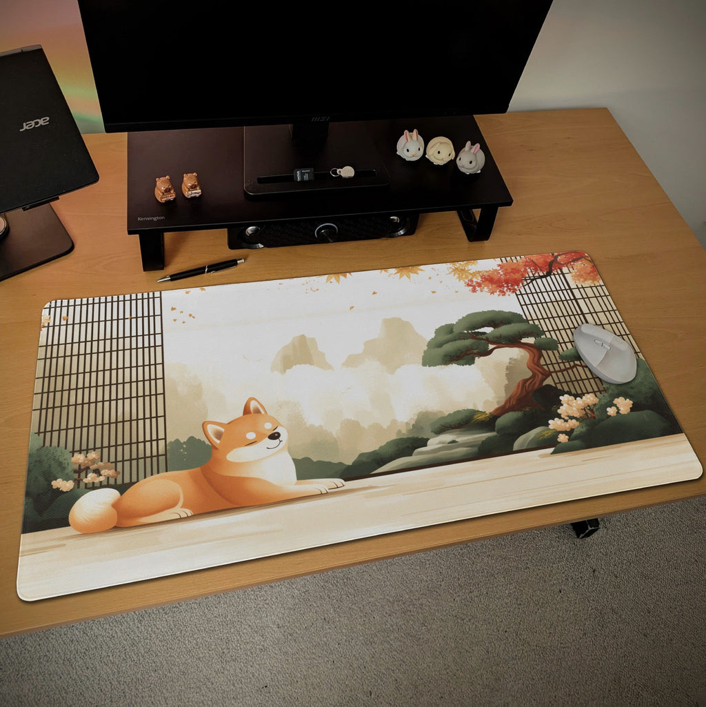 Japanese Shiba Inu Desk Mat | Large Mouse Pad for Dog Lovers | Aesthetic Gaming Mousepad, Bonsai Zen, Cherry Blossoms
