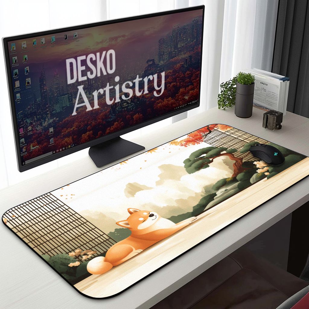 Japanese Shiba Inu Desk Mat | Large Mouse Pad for Dog Lovers | Aesthetic Gaming Mousepad, Bonsai Zen, Cherry Blossoms