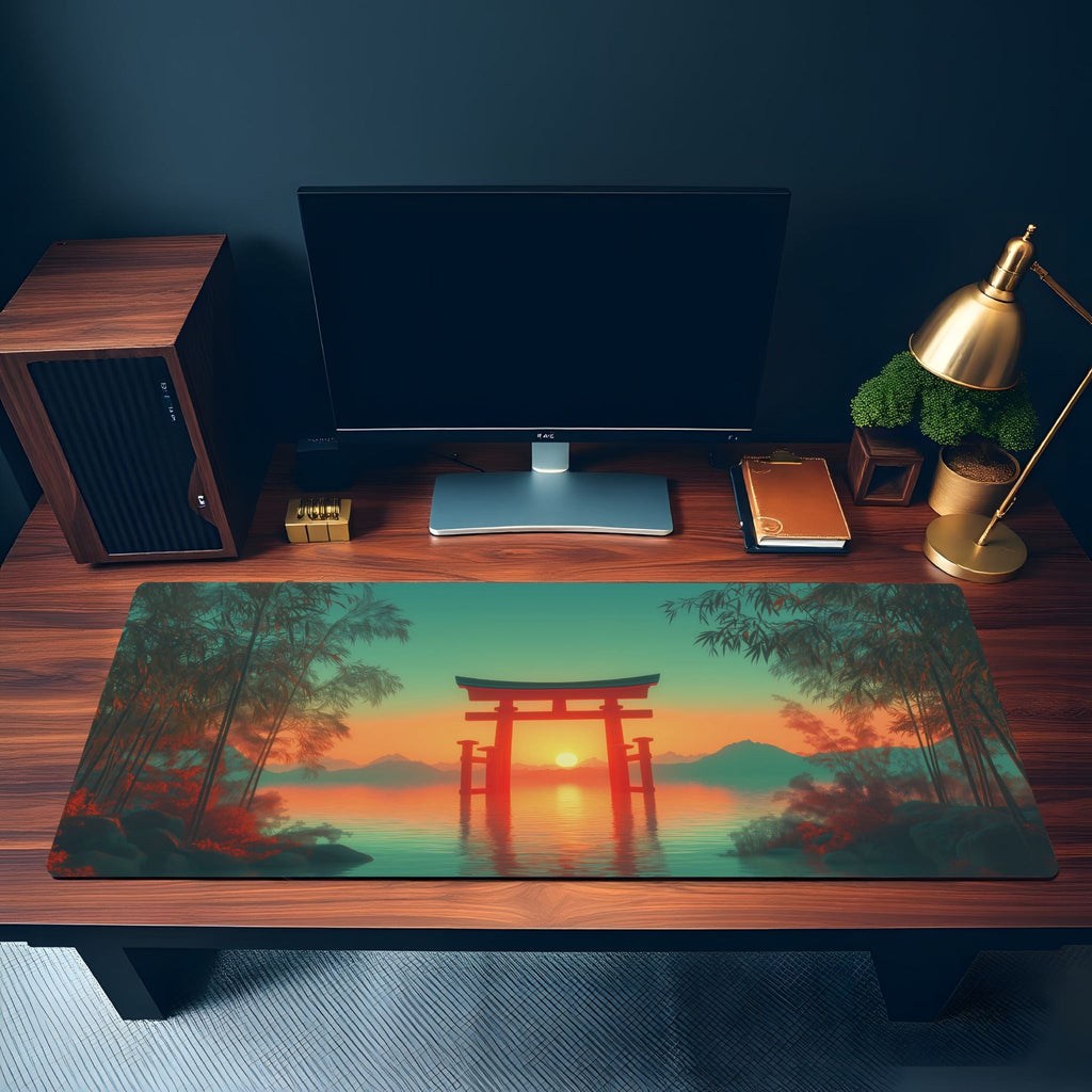 Japanese Anime Torii Gate Desk Mat | Serene Lake Sunset | Zen Bamboo Forest Mouse Pad