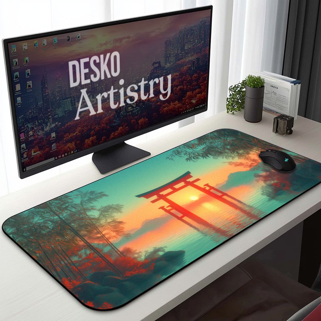 Japanese Anime Torii Gate Desk Mat | Serene Lake Sunset | Zen Bamboo Forest Mouse Pad