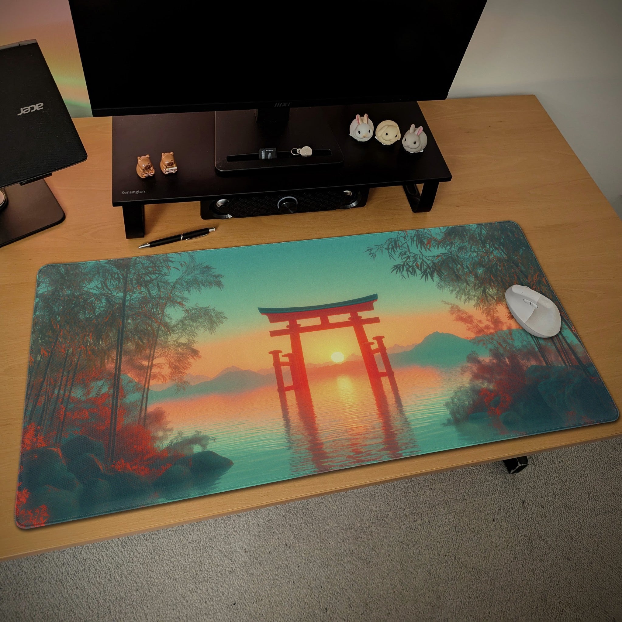 Japanese Anime Torii Gate Desk Mat | Serene Lake Sunset | Zen Bamboo Forest Mouse Pad