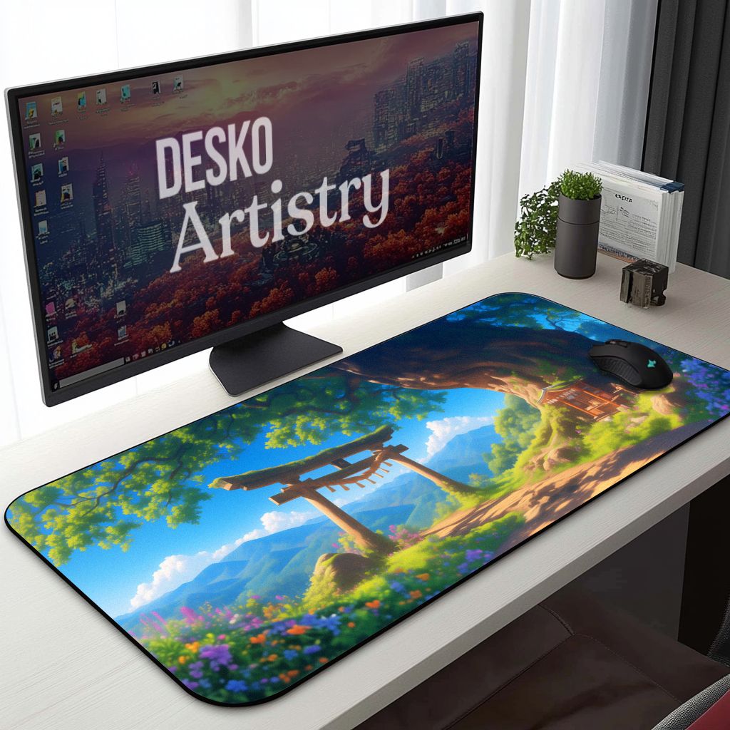 Japanese Torii Gate Desk Mat | Anime Landscape | Studio Ghibli Inspired Zen Mouse Pad