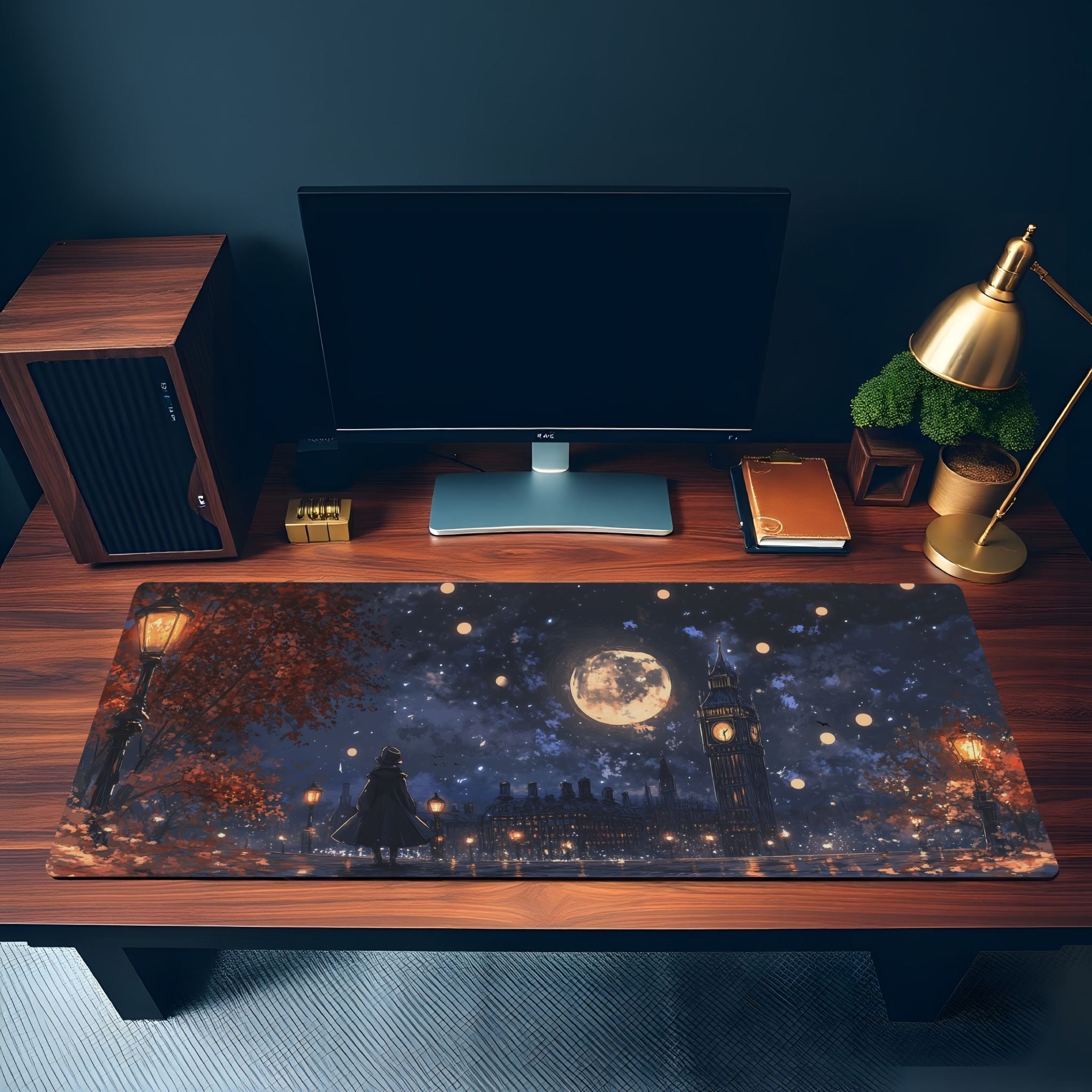 Fantasy Night London Desk Mat | Moonlight Clock Tower | Purple Artistic Cityscape Mouse Pad