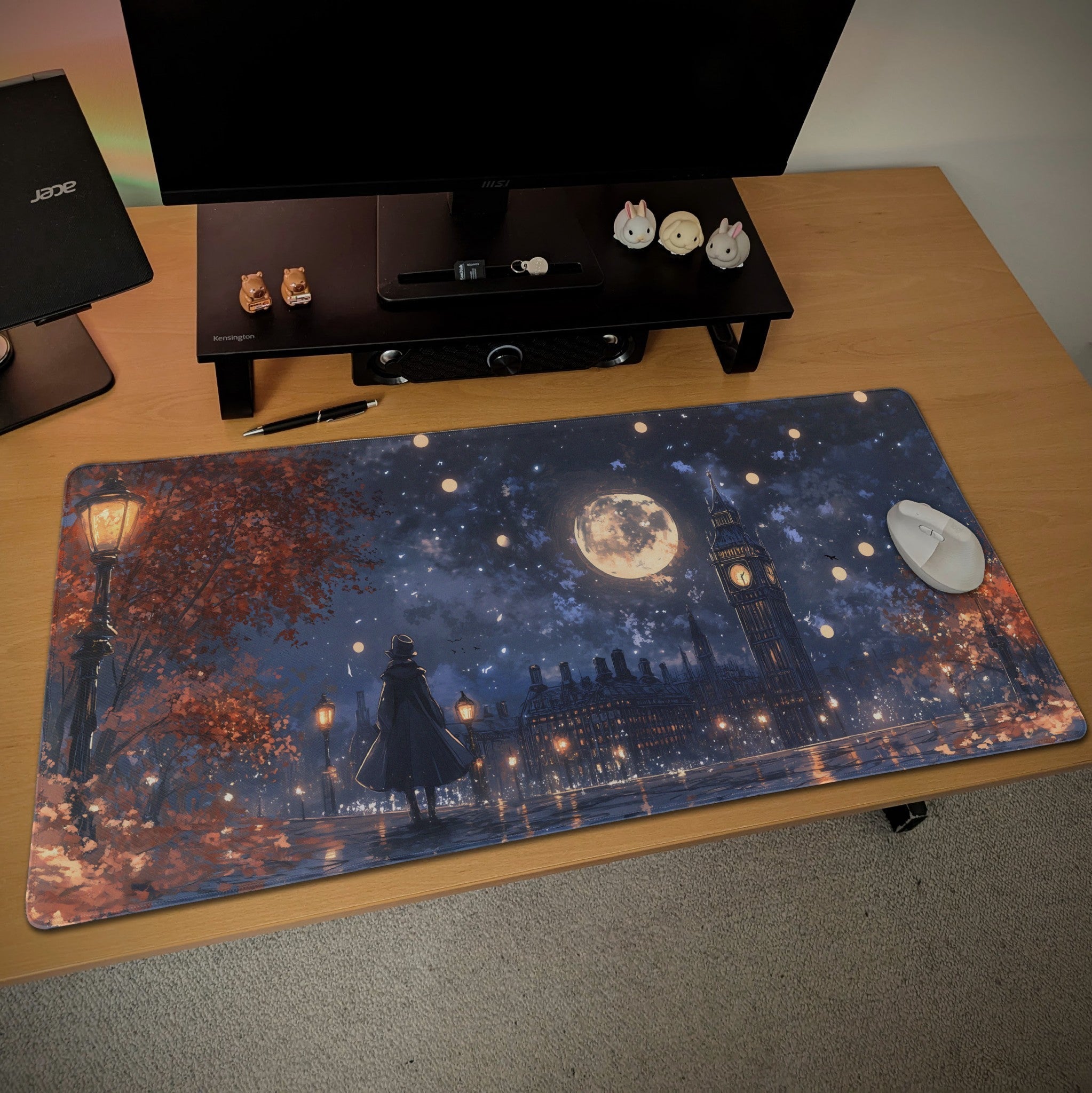 Fantasy Night London Desk Mat | Moonlight Clock Tower | Purple Artistic Cityscape Mouse Pad