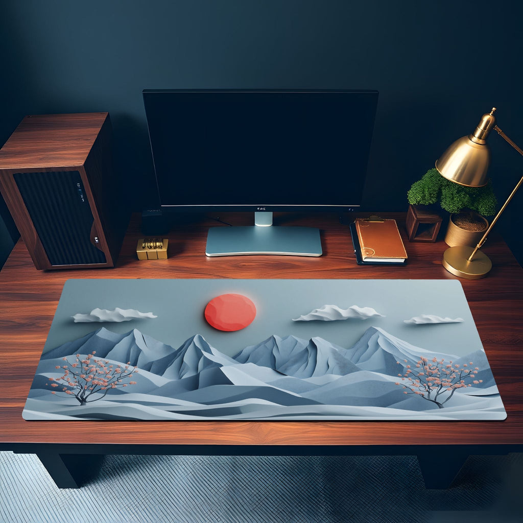 Japanese Nature Landscape Desk Mat | Aesthetic Cherry Blossom | Serene Blue Mountain Mouse Pad