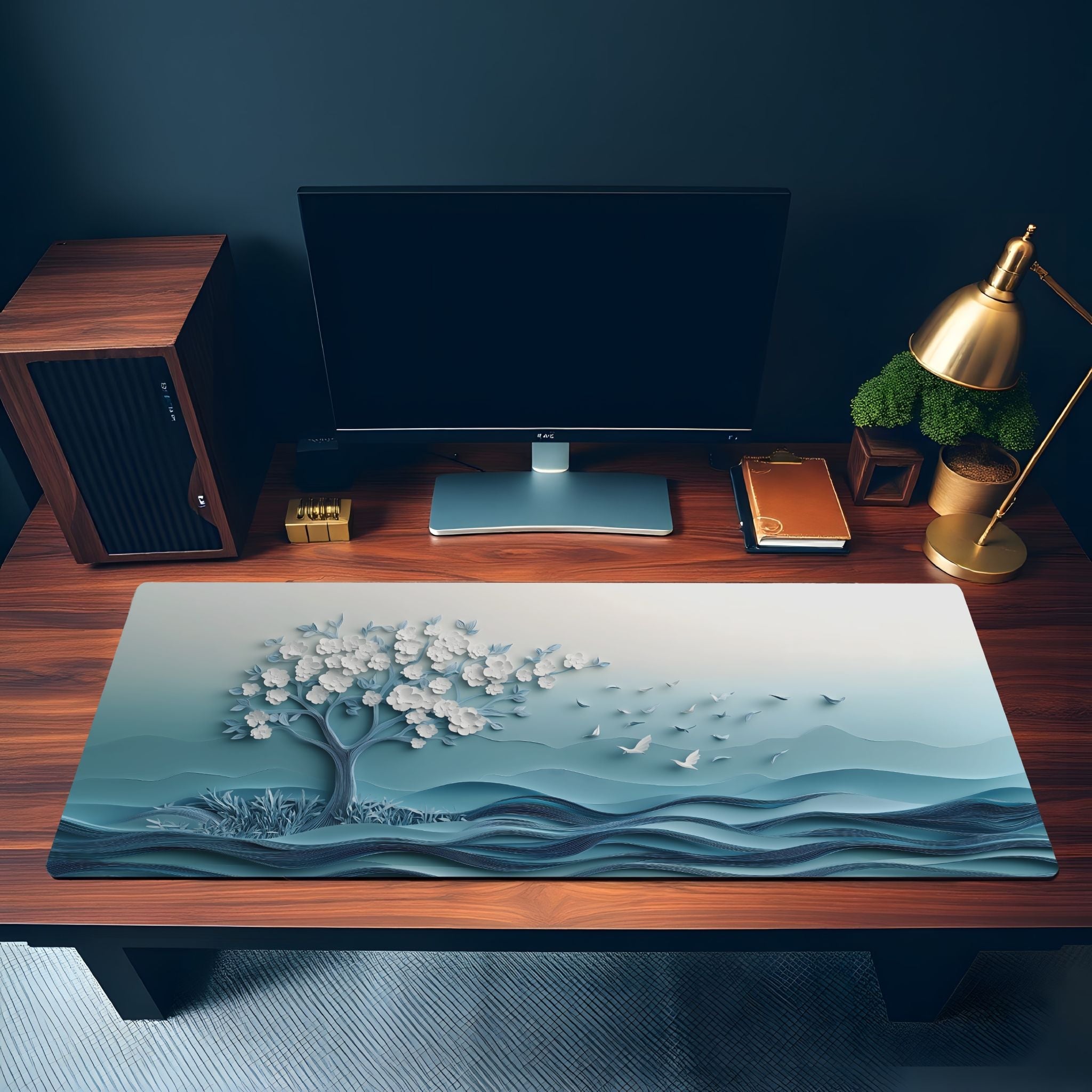 Serene White Cherry Blossom, Dove Desk Mat | Embossed Paper Art Mouse Pad