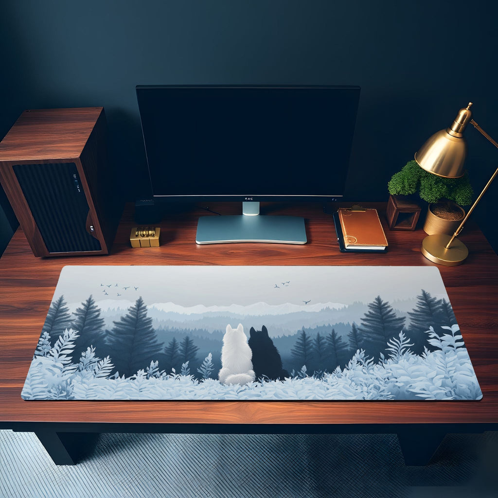 Mystical Forest Wolf Desk Mat | Blue and White Snow Mountain | Minimalist Nature Mouse Pad