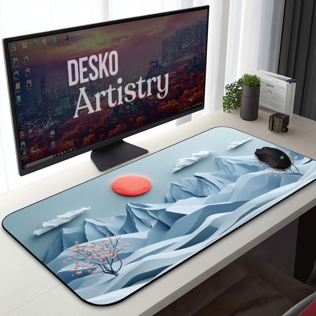 Japanese Nature Landscape Desk Mat | Aesthetic Cherry Blossom | Serene Blue Mountain Mouse Pad
