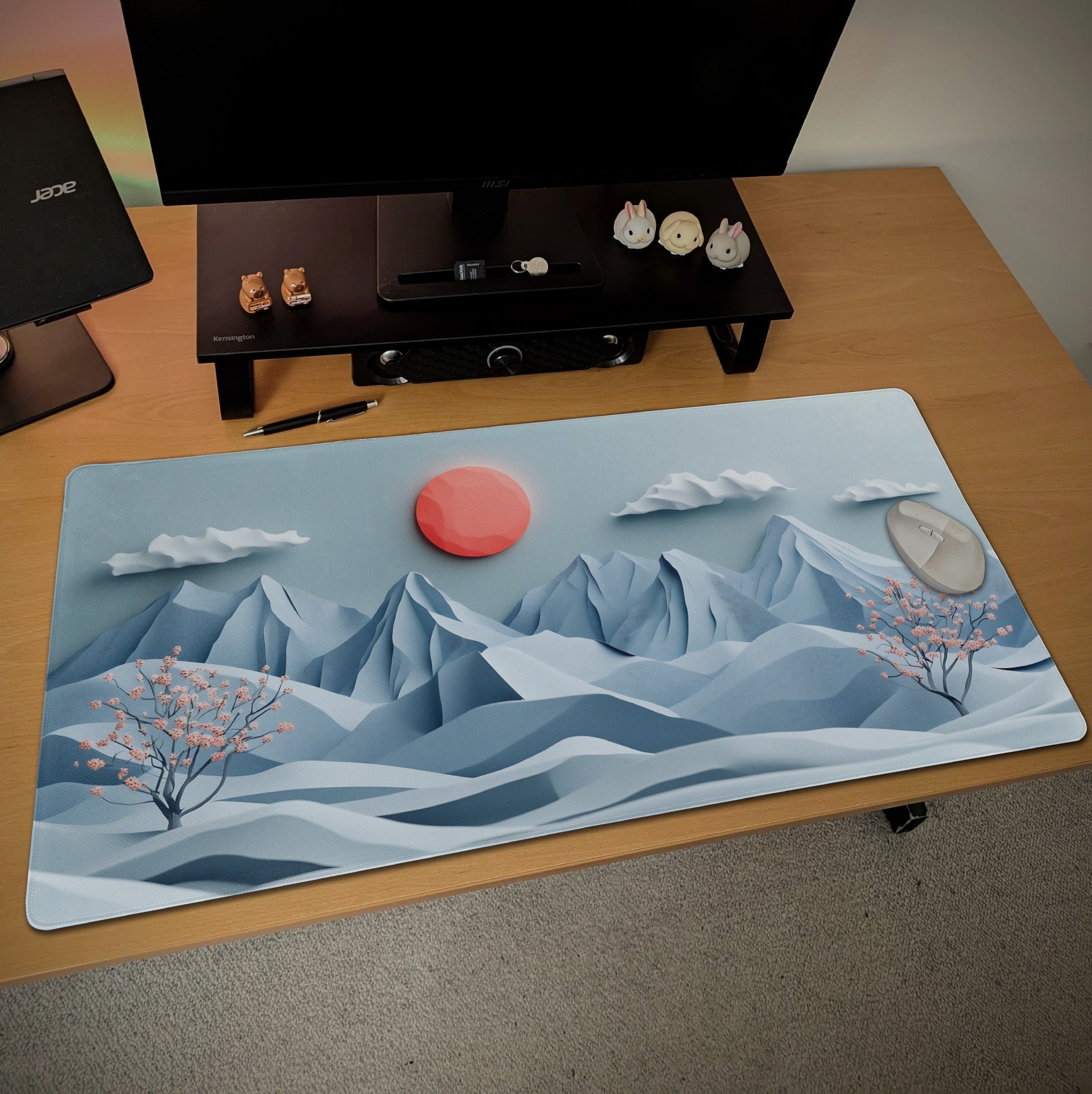 Japanese Nature Landscape Desk Mat | Aesthetic Cherry Blossom | Serene Blue Mountain Mouse Pad