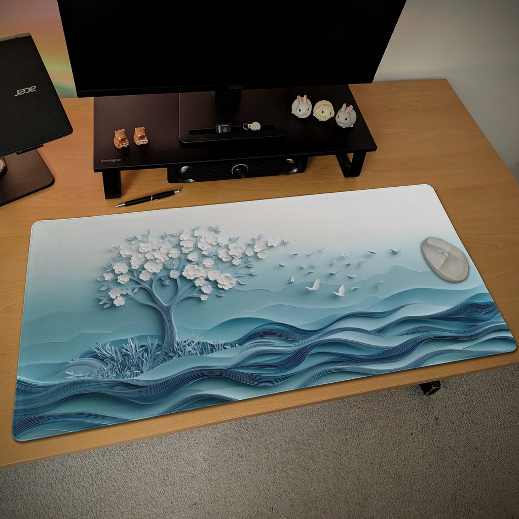 Serene White Cherry Blossom, Dove Desk Mat | Embossed Paper Art Mouse Pad