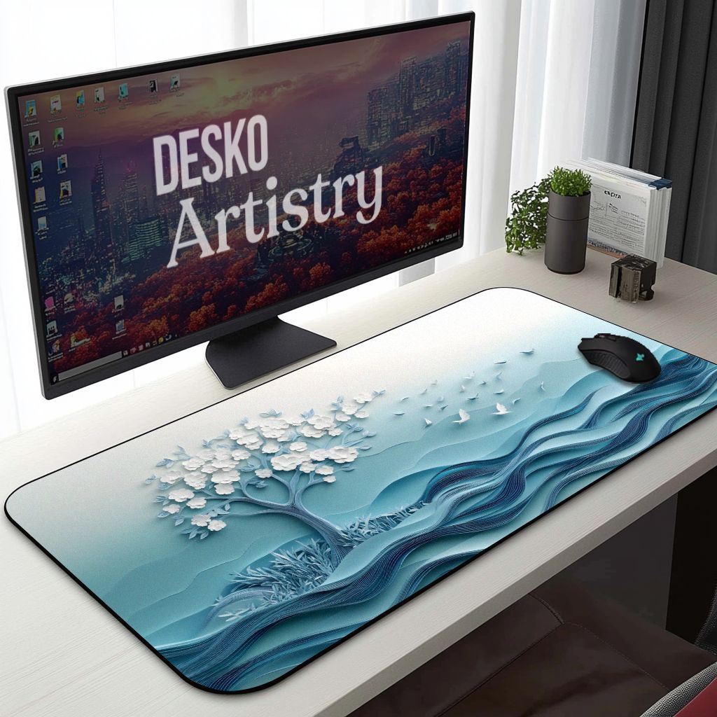 Serene White Cherry Blossom, Dove Desk Mat | Embossed Paper Art Mouse Pad