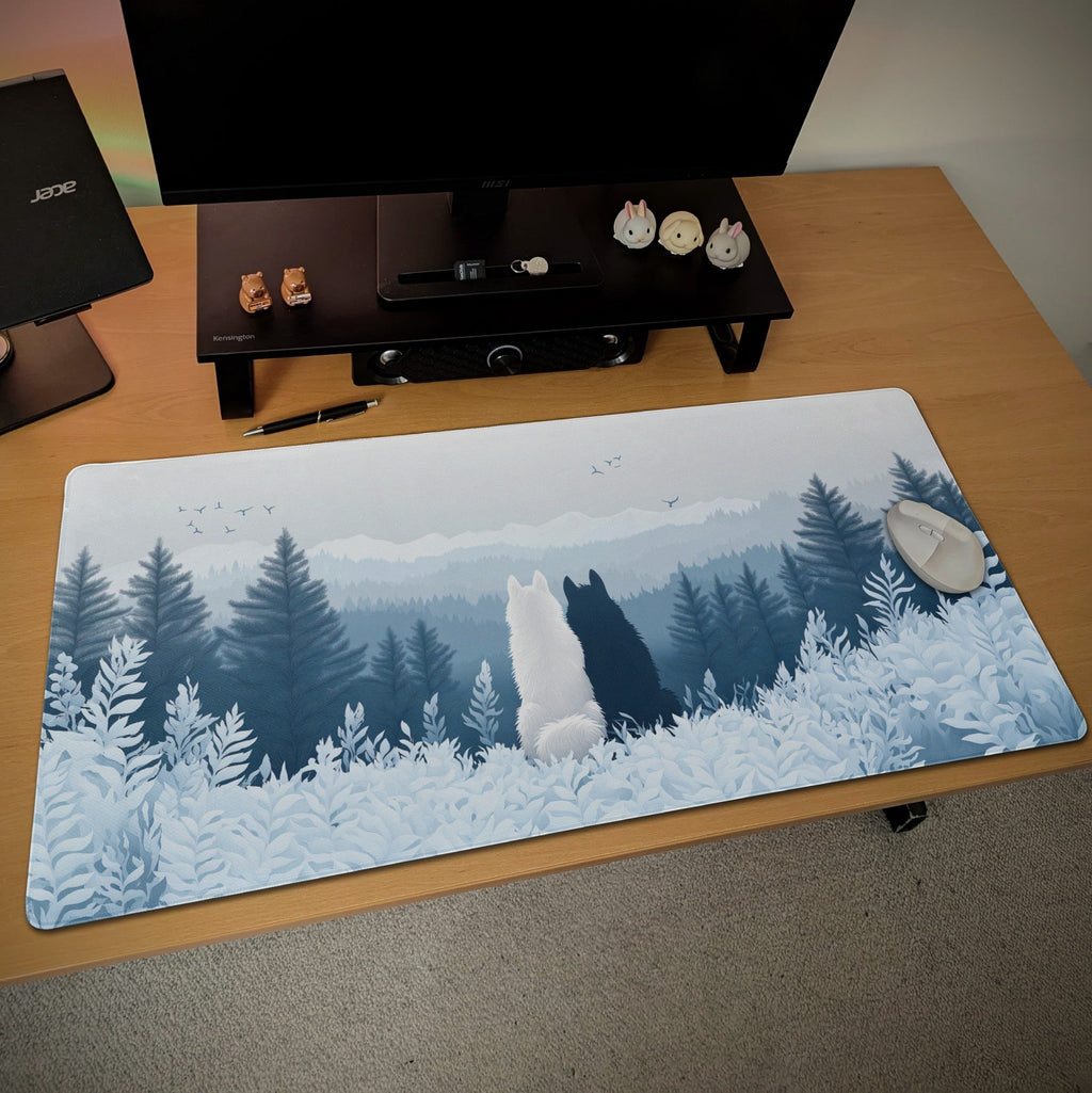 Mystical Forest Wolf Desk Mat | Blue and White Snow Mountain | Minimalist Nature Mouse Pad