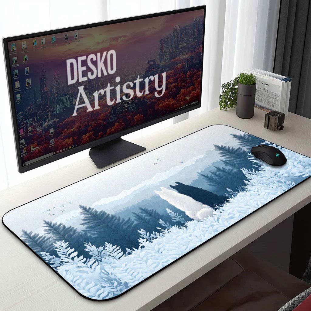Mystical Forest Wolf Desk Mat | Blue and White Snow Mountain | Minimalist Nature Mouse Pad
