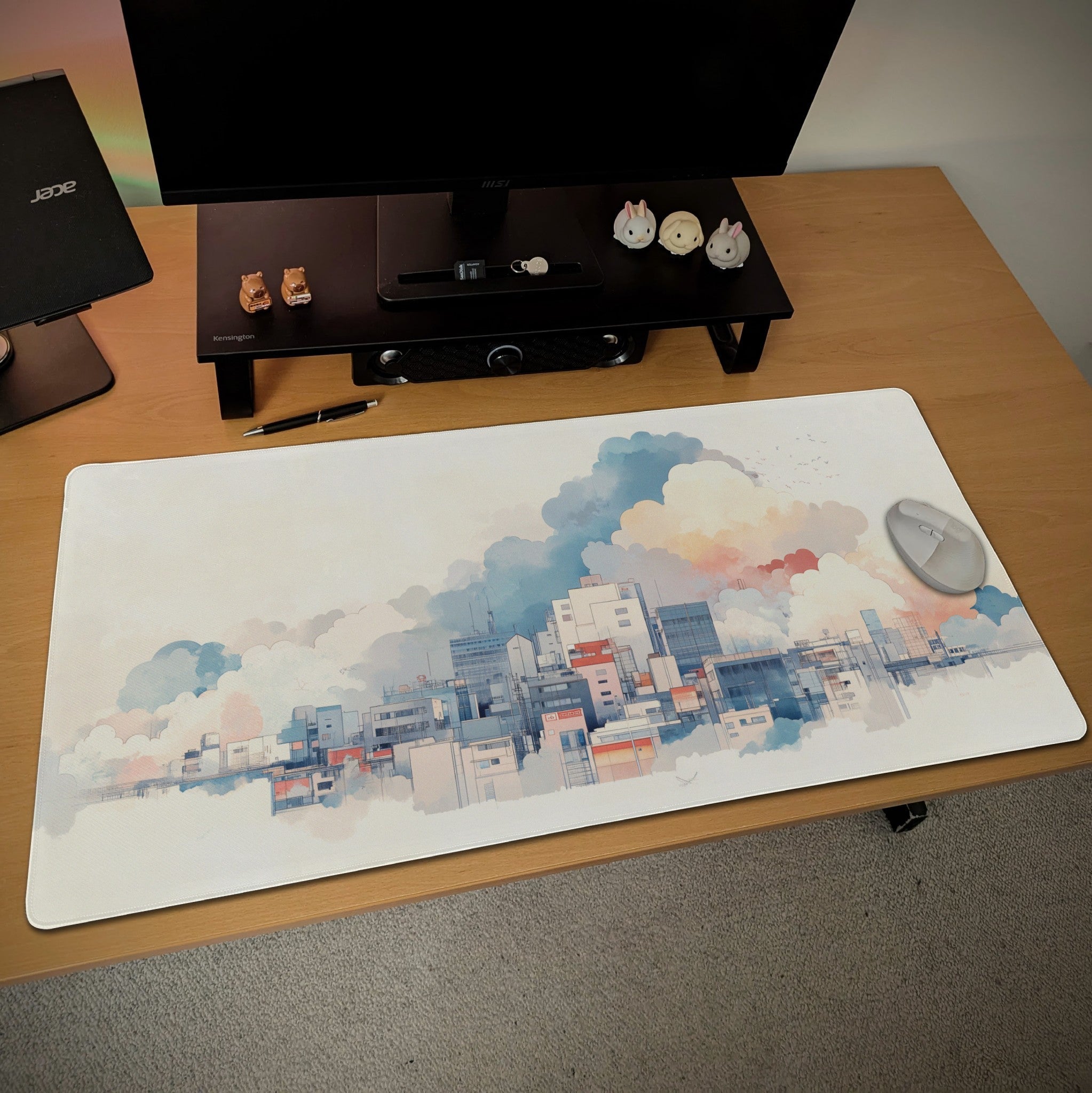 Cloudy Cityscape Desk Mat | Floating City Pastel Art | Minimalist Desk Decor