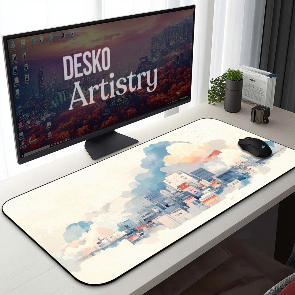 Cloudy Cityscape Desk Mat | Floating City Pastel Art | Minimalist Desk Decor