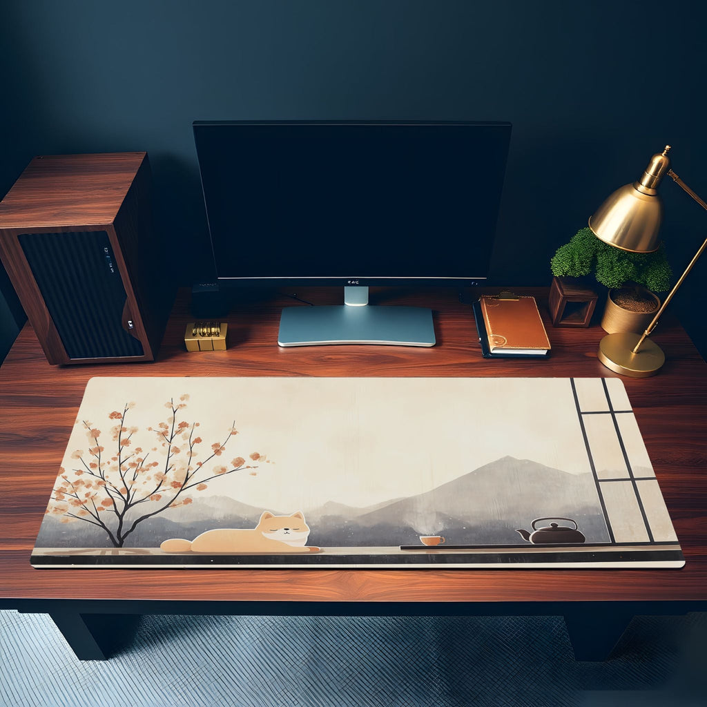 Japanese Zen Shiba Inu Desk Mat | Minimalist Ukiyo-e Mouse Pad | Calm Desk Decor for Dog Lovers, Blossom Tree, Mountain Chill Vibe