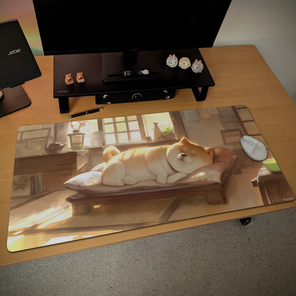 Cozy Shiba Inu Anime Desk Mat | Homey Lofi Japanese Mouse Pad | Warm Dog Lover's Desk Decor