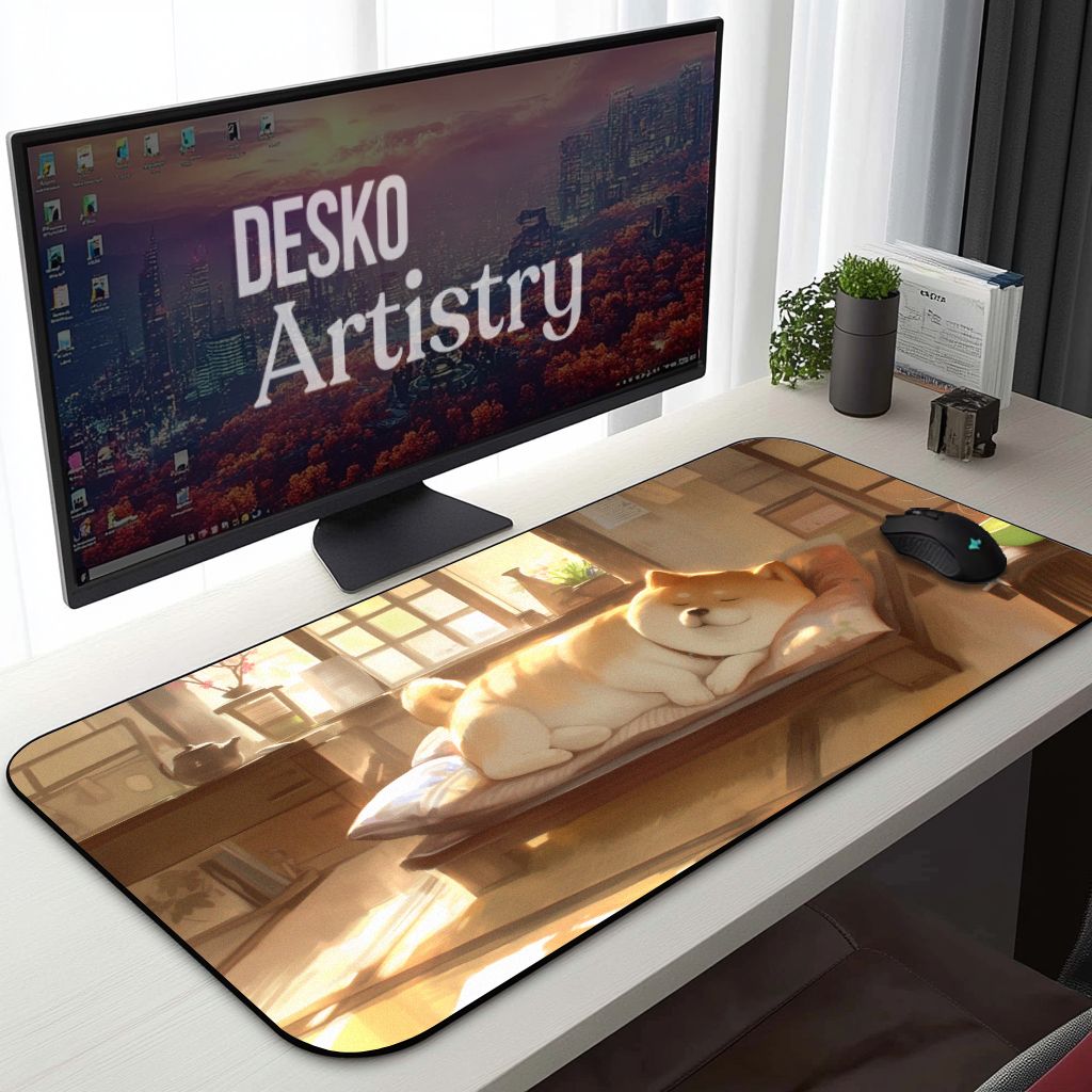Cozy Shiba Inu Anime Desk Mat | Homey Lofi Japanese Mouse Pad | Warm Dog Lover's Desk Decor